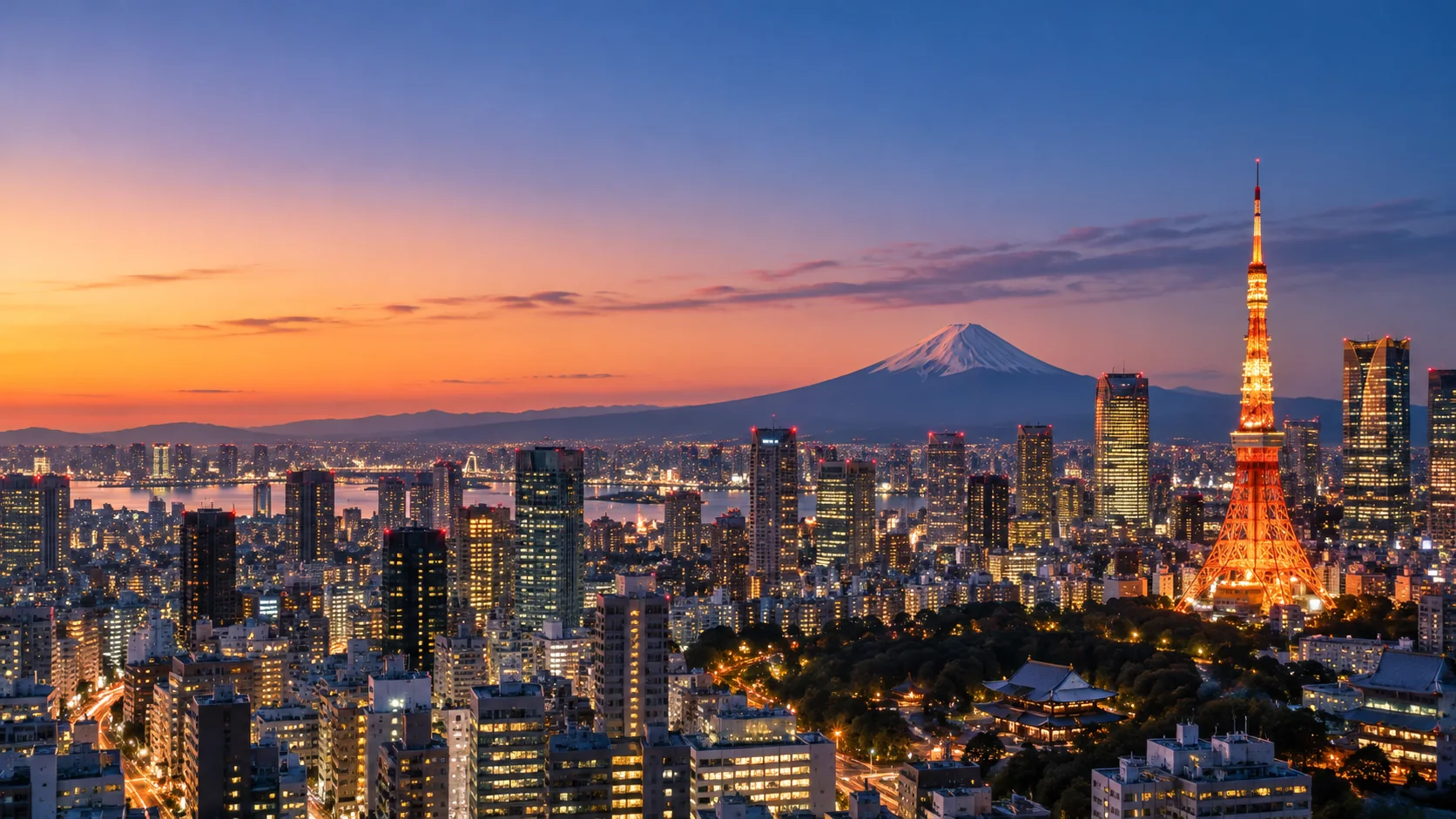 Illustrative panoramic skyline featuring Tokyo Tower and Mount Fuji